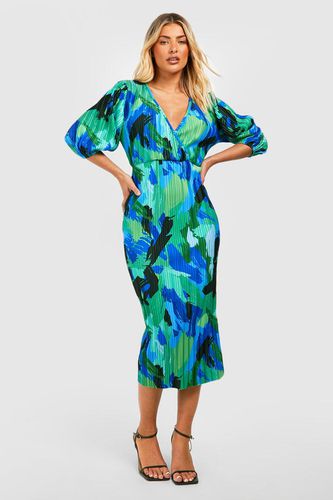 Womens Tropical Plisse Puff Sleeve Midi Dress - - 18 - boohoo - Modalova
