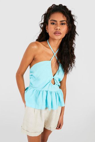 Womens Strappy Halterneck Linen Peplum Top - - 10 - boohoo - Modalova