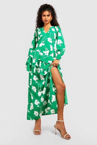 Womens Ruffle Hem Puff Sleeve Printed Maxi Dress - - 10 - boohoo - Modalova