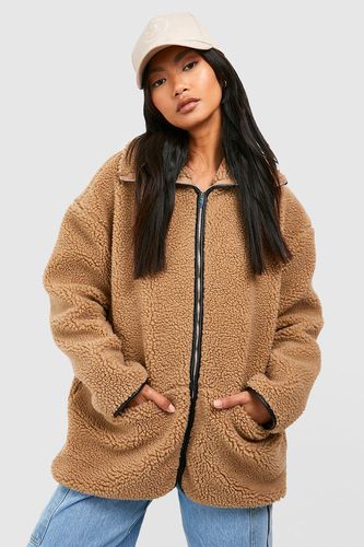 Womens Contrast Detail Funnel Neck Teddy Jacket - - 12 - boohoo - Modalova