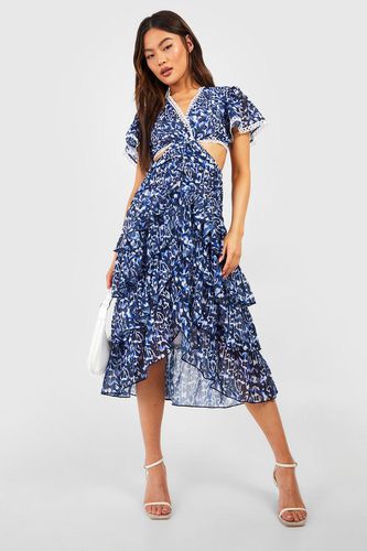 Womens Printed Cut Out Ruffle Midi Dress - - 12 - boohoo - Modalova