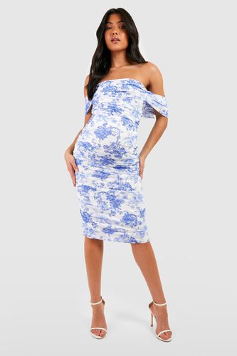 Womens Maternity Porcelain Ruched Mesh Bardot Midi Dress - - 10 - boohoo - Modalova