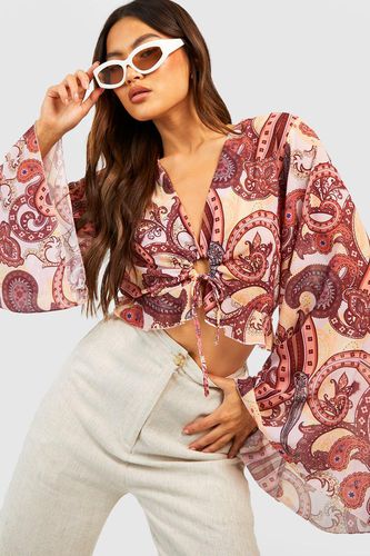 Womens Printed Wide Sleeve Ring Detail Crop Top - - 10 - boohoo - Modalova