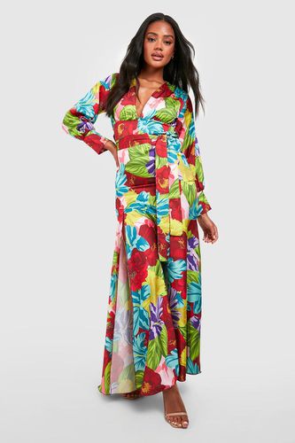 Womens Printed Satin Side Split Belted Maxi Dress - - 8 - boohoo - Modalova