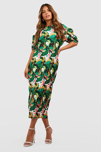 Womens Tropical Plisse Puff Sleeve Midi Dress - - 8 - boohoo - Modalova