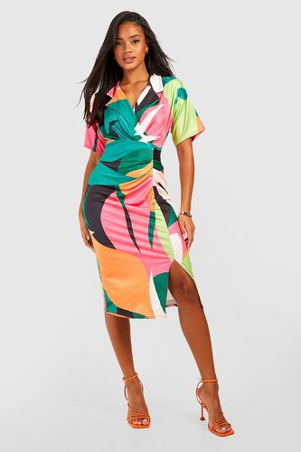 Womens Tropical Slinky Wrap Midi Shirt Dress - - 8 - boohoo - Modalova