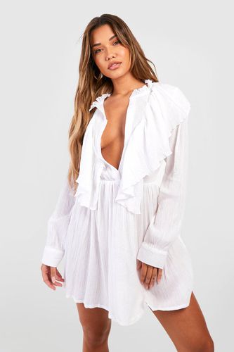 Womens Cheesecloth Ruffle Plunge Beach Shirt Dress - - M - boohoo - Modalova