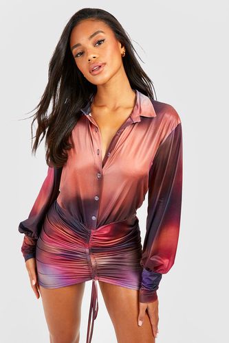 Womens Abstract Slinky Rouched Shirt Dress - - 10 - boohoo - Modalova