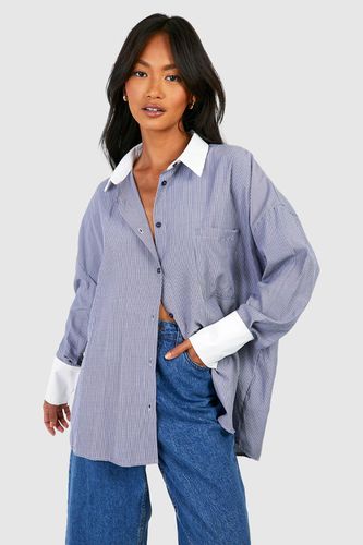 Womens Stripe Contrast Cuff And Collar Oversized Shirt - - 14 - boohoo - Modalova