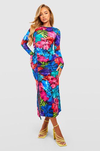 Womens Floral Rouched Slinky Midaxi Dress - - 10 - boohoo - Modalova