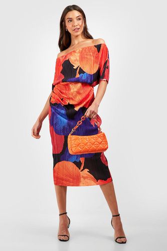 Womens Abstract Floral Off The Shoulder Plisse Midi Dress - - 10 - boohoo - Modalova