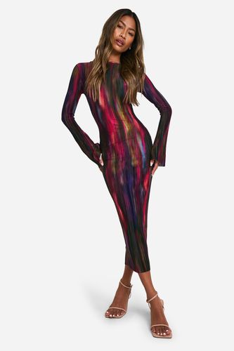 Womens Abstract Plisse Long Sleeve Midi Dress - - 10 - boohoo - Modalova