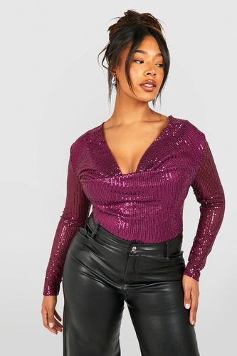 Womens Plus Cowl Neck Sequin Bodysuit - - 18 - boohoo - Modalova