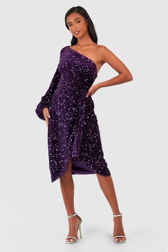 Womens Petite Velvet Sequin Asymmetric Wrap Midi Dress - - 14 - boohoo - Modalova