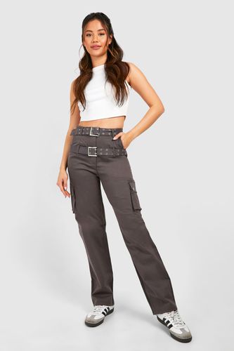 Womens Double Belted Straight Fit Cargo Trousers - - 14 - boohoo - Modalova