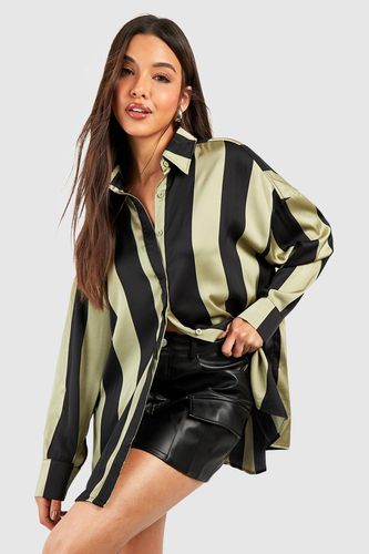 Womens Satin Wide Stripe Drop Shoulder Shirt - - 10 - boohoo - Modalova