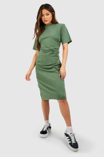 Womens Wrap Ruching Cotton Midi Shoulder Pad T-shirt Dress - - 10 - boohoo - Modalova