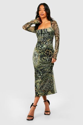 Womens Petite Animal Print Mesh Midaxi Dress - - 14 - boohoo - Modalova