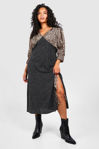 Womens Plus Contrast Animal Puff Sleeve Midi Dress - - 16 - boohoo - Modalova