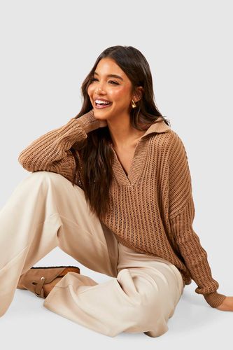 Womens Oversized Crochet Jumper With Polo Collar - - M/L - boohoo - Modalova