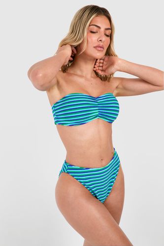 Womens Stripe Towelling Ruched Bandeau Bikini Set - - 10 - boohoo - Modalova