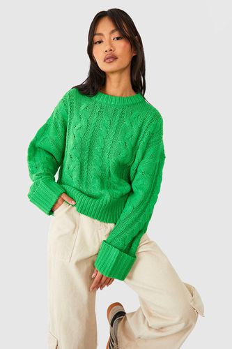Womens Mixed Cable Turn Up Cuff Knitted Crew Neck Jumper - - XS - boohoo - Modalova
