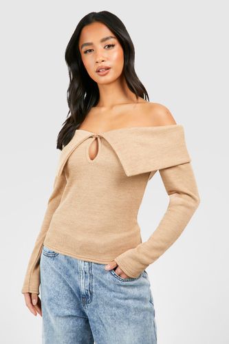 Womens Petite Knitted Bardot Keyhole Top - - 14 - boohoo - Modalova