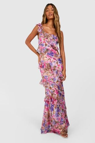Womens Floral Ruffle Asymmetric Maxi Dress - - 10 - boohoo - Modalova