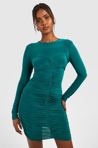 Womens Slinky Ruched Long Sleeve Mini Dress - - 10 - boohoo - Modalova