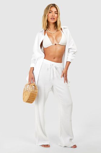 Womens Crinkle Cotton Wide Leg Beach Trousers - - L - boohoo - Modalova