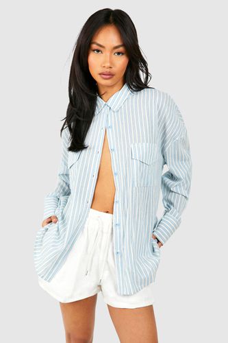 Womens Oversized Linen Striped Utility Shirt - - 12 - boohoo - Modalova