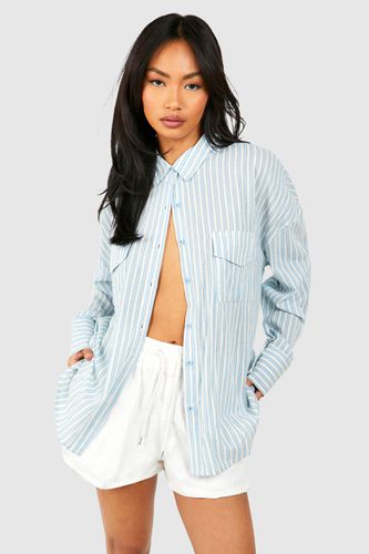 Womens Oversized Linen Striped Utility Shirt - - 6 - boohoo - Modalova