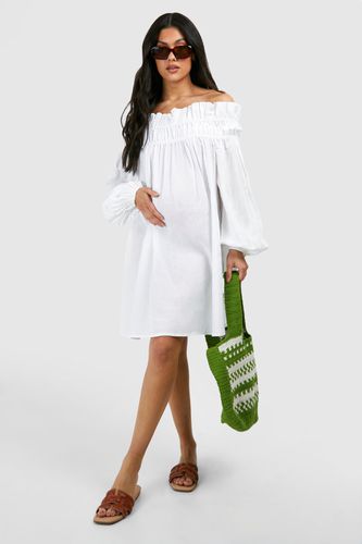 Womens Maternity Linen Frill Bardot Mini Smock Dress - - 10 - boohoo - Modalova