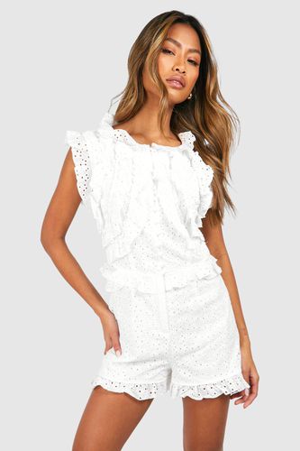 Womens Broderie Ruffle Button Down Playsuit - - 14 - boohoo - Modalova