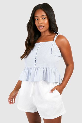 Womens Plus Woven Pinstripe Tie Strap Frill Hem Top - - 28 - boohoo - Modalova