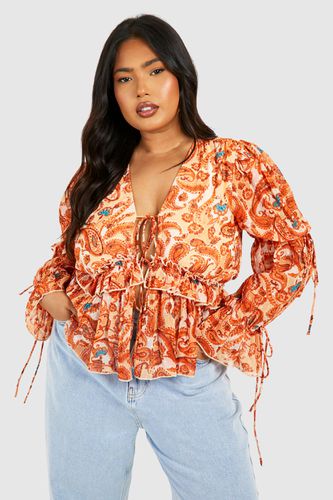 Womens Plus Woven Paisley Print Ruffle Detail Long Sleeve Blouse - - 24 - boohoo - Modalova