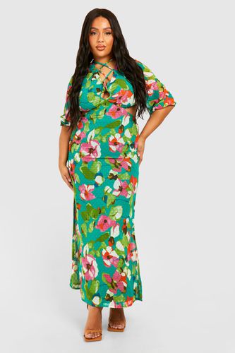 Womens Plus Woven Floral Print Plunge Long Sleeve Midaxi Dress - - 16 - boohoo - Modalova
