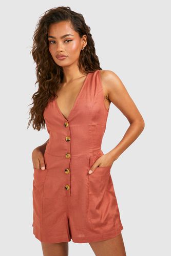 Womens Linen Look Button Front Playsuit - - 14 - boohoo - Modalova