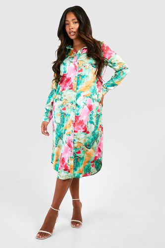 Womens Plus Floral Print Satin Midi Shirt Dress - - 18 - boohoo - Modalova