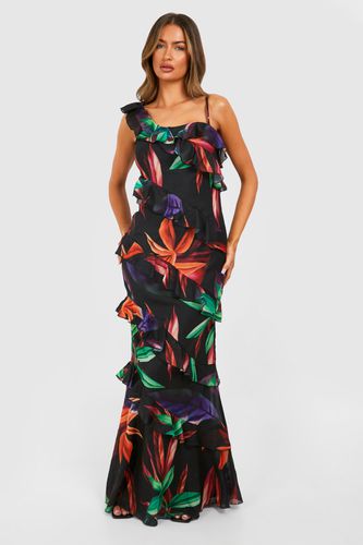 Womens Abstract Ruffle Chiffon Asymmetric Maxi Dress - - 10 - boohoo - Modalova