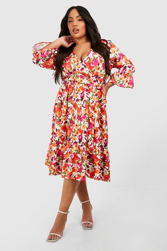 Womens Plus Floral Print Ruffle Hem Spotty Wrap Dress - - 16 - boohoo - Modalova