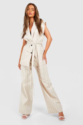 Womens Tonal Stripe Linen Look Relaxed Fit Wide Leg Trousers - - 16 - boohoo - Modalova