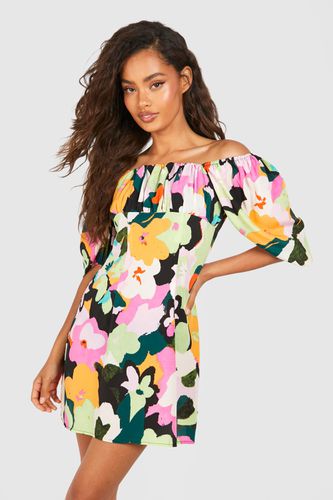 Womens Bright Floral Puff Sleeve Smock Dress - - 10 - boohoo - Modalova