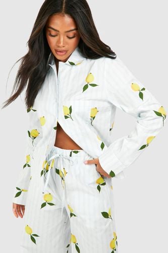 Womens Cotton Poplin Lemon Stripe Long Sleeve Pyjama Shirt - - 10 - boohoo - Modalova
