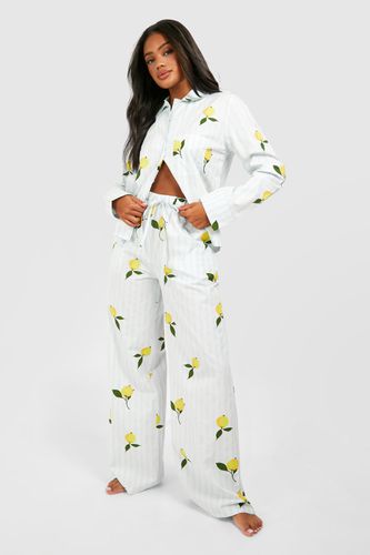 Womens Cotton Poplin Lemon Stripe Pyjama Trouser - - 10 - boohoo - Modalova