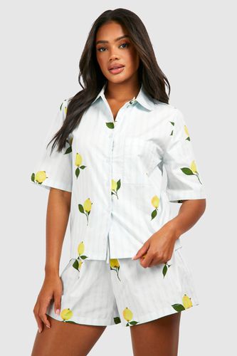 Womens Cotton Poplin Lemon Stripe Short Sleeve Pyjama Shirt - - 12 - boohoo - Modalova