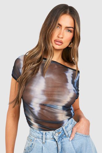 Womens Asymmetric Cap Sleeve Mesh Top - - 14 - boohoo - Modalova