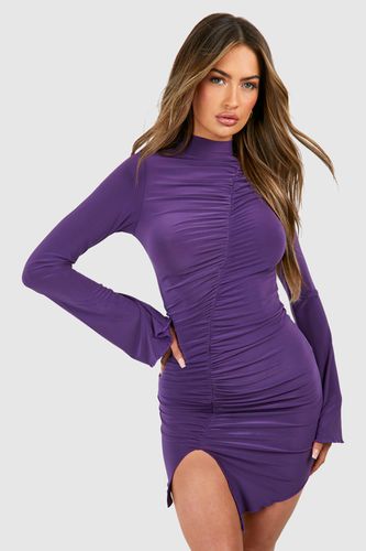 Womens Slinky Ruched Long Sleeve Bodycon Dress - - 10 - boohoo - Modalova