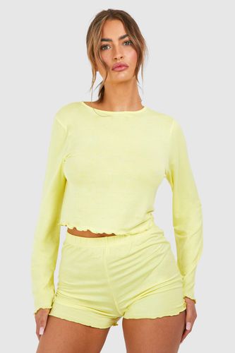 Womens Lettuce Hem Long Sleeve Top And Short Set - - 14 - boohoo - Modalova