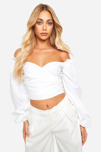 Womens Volume Sleeve Bardot Linen Crop - - 12 - boohoo - Modalova